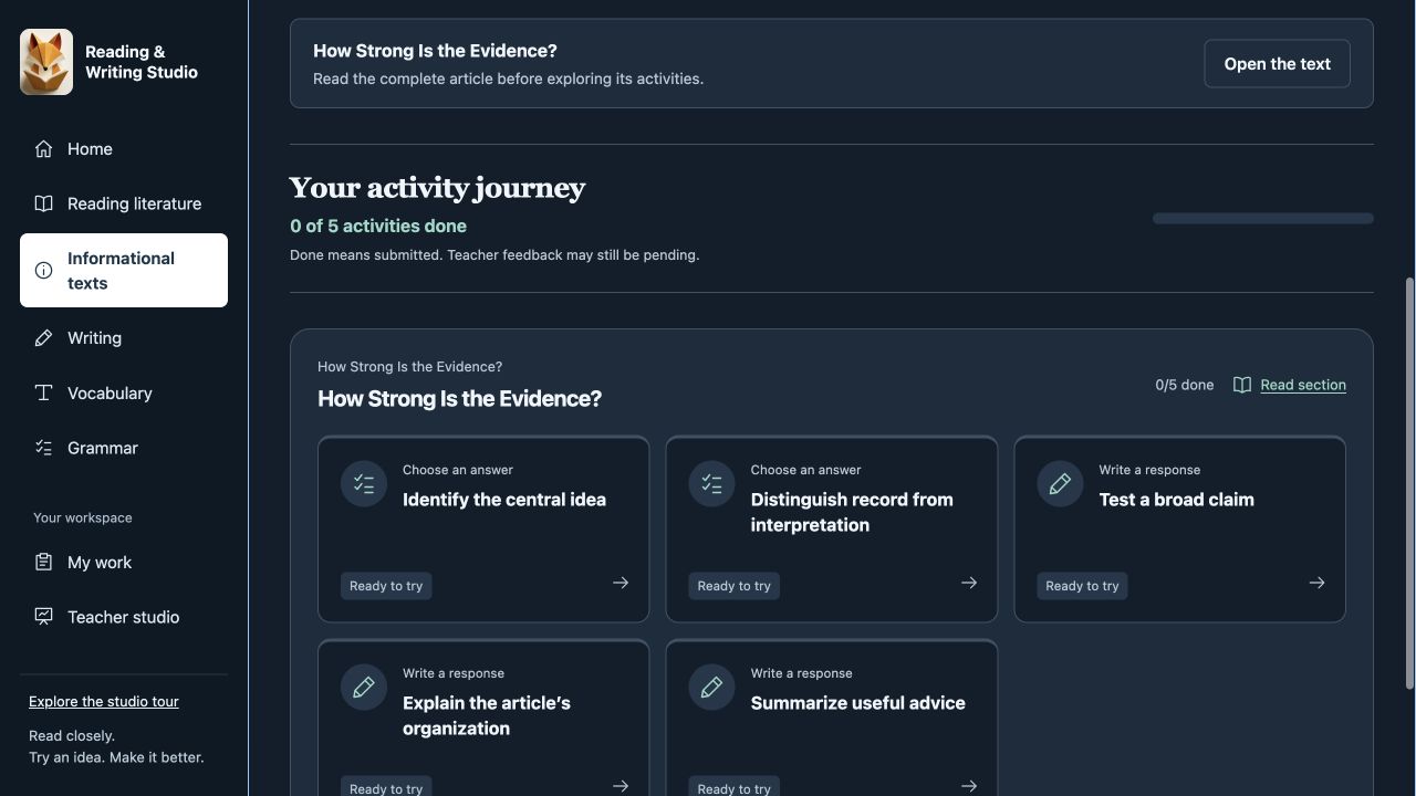 Screenshot of the Studio activity board with organized tasks and progress controls